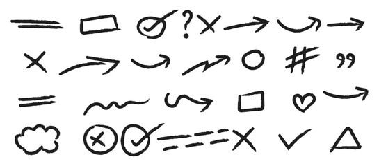 collection of simple, hand-drawn symbols and Icons doodle Set , including checkmarks, crosses, arrows, shapes, and other graphic elements.