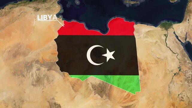 Zoom from Earth to Libya. (Country Flag) World map animation with highlighted country borders. Satellite 3d world map animation highlights aerial views, tourism, and travel. 4k