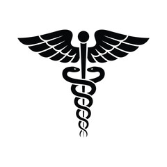 Black caduceus symbol with wings on white background