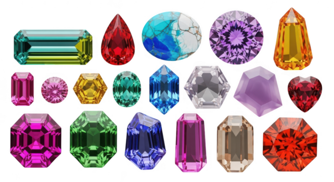 Collection of colorful gemstones isolated on transparent background