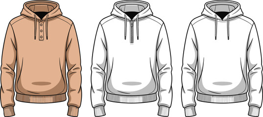 Hoodie sweatshirt design variations, buttoned placket, drawstring and half-zip styles, fashion illustration front views, casual garment template