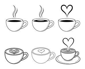 Hot coffee cups with steam and latte art designs heart