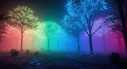 Rainbow colored trees in foggy forest at night