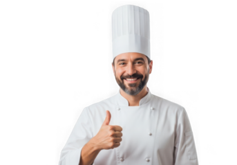 Happy chef giving thumbs up in uniform isolated on transparent background