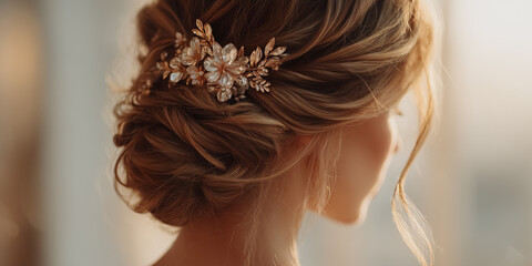 A woman's head in a wedding hairstyle.
