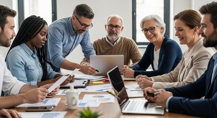 Diverse team collaboration in business meeting analyzing data and charts on laptop for project success