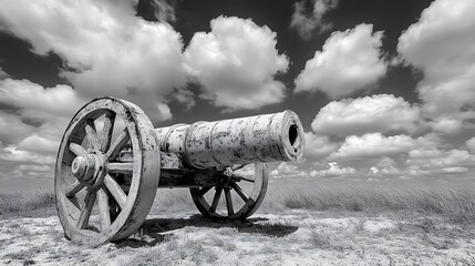 Old cannon in a field under a cloudy sky.