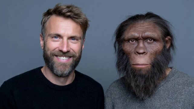 Animation of a smiling modern man posing next to a realistic reconstruction of a prehistoric ancestor, a concept for human evolution, anthropology, and genetic history