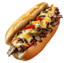 Delicious philly cheesesteak sandwich with sliced steak peppers and melted cheese isolated on white background