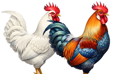 Fototapeta premium Majestic Roosters Farm Animals Poultry Birds White Colorful Cock