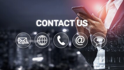 UI concept for contact us section showing icons for email, web, phone, and message. Contact and...