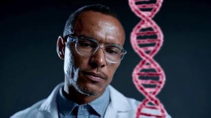A geneticist analyzing a glowing red dna helix on a futuristic virtual interface, representing advanced biotechnology, medical research, and genetic engineering innovation - Powered by Adobe