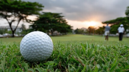 A golf ball rests on lush grass while a player swings in the background, illuminated by sunlight with a bokeh effect