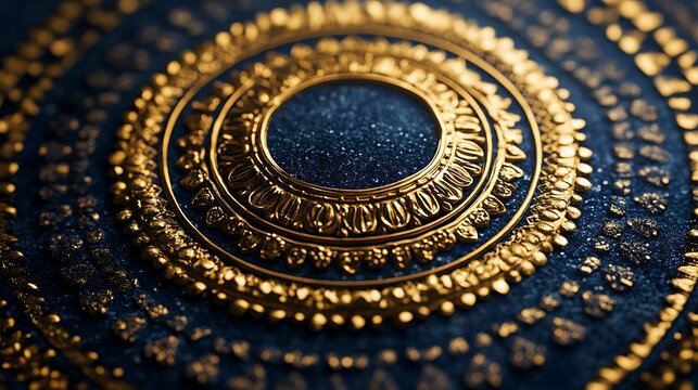 Detailed ornate gold design on a dark blue textured background.