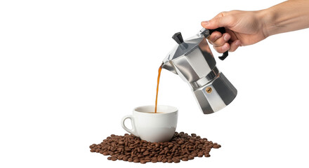 Pouring coffee from moka pot into cup isolated on transparent background