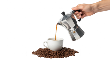 Pouring coffee from moka pot into cup isolated on transparent background