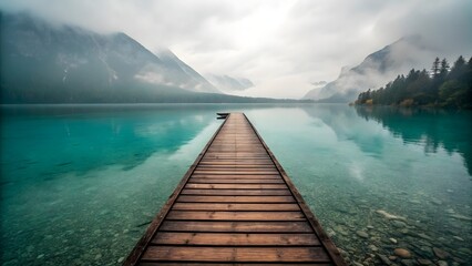 Serene mountain lake vista; wooden dock extending into tranquil teal water, misty peaks.