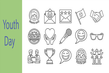 Collection of 15 icon set on youth day symbol