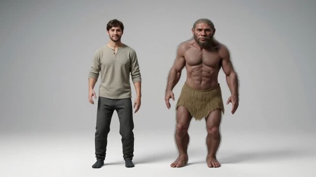 Animation of a modern man and a neanderthal dancing together on a neutral background, a visual concept for evolution, human history, anthropology, or comparing past and present