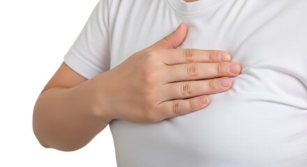 A person's hand presses against their white-shirted chest, suggesting heart pain, respiratory issues, or a deep emotional expression like sincerity or gratitude.