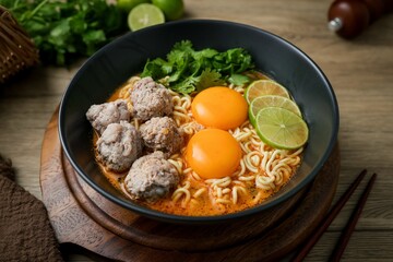 Homemade instant noodles soup  with minced pork and eggs
