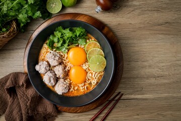 Homemade instant noodles soup  with minced pork and eggs
