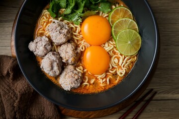 Homemade instant noodles soup  with minced pork and eggs
