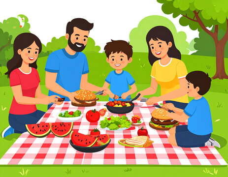 Family sitting on a picnic blanket in the park, preparing food together, transparent
