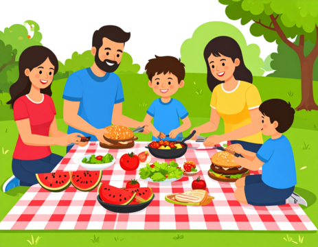 Family sitting on a picnic blanket in the park, preparing food together, transparent