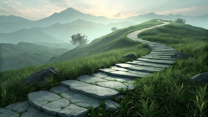 Serene stone pathway winding uphill through lush green grass towards majestic misty mountains at sunrise.