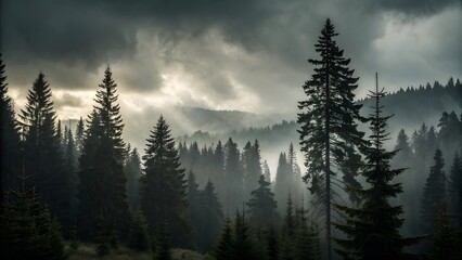Moody atmospheric evergreen forest, sunlit fog, dramatic mountain scene, majestic pines.