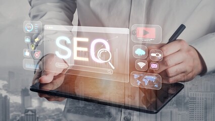 SEO concept for improving SEO visibility, with SEO related digital tools and SEO performance icons shown in an focused layout for strategic marketing. Muxer