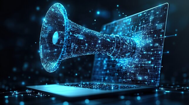 Digital Megaphone Emerging from Laptop, Symbolizing Online Promotion