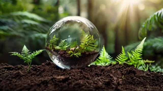 Crystal Earth On Soil In Forest With Ferns And Sunlight - Environment, save clean planet, ecology concept. Earth Day created with generative ai
