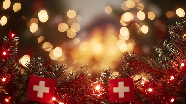 Red and white bokeh lights and traditional Swiss flags. Swiss Independence Day. - Powered by Adobe