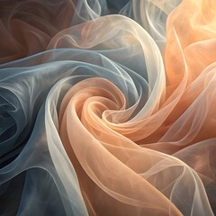 Abstract swirling silk chiffon fabric; elegant, soft, and luxurious taupe and blush tones.