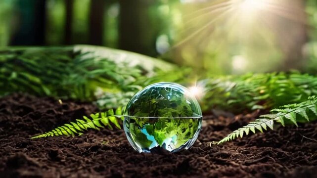 Crystal Earth On Soil In Forest With Ferns And Sunlight - Environment, save clean planet, ecology concept. Earth Day created with generative ai
