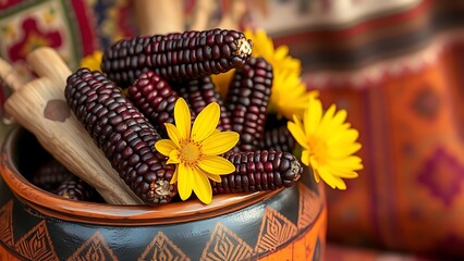 Traditional Peruvian sash with marigolds and chicha morada for Independence Day.