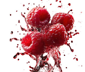 Delicious raspberries with vibrant red juice splashing against a dramatic white background
