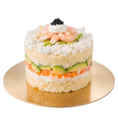 Salmon shrimp sushi cake isolated on white. Japanese cuisine.
