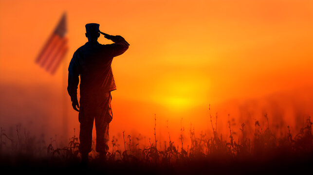 American soldier saluting usa flag at sunset in a field