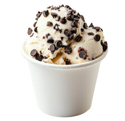 Delicious scoop of vanilla ice cream with rich chocolate chips in white paper cup