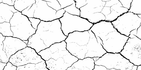 Cracked dry earth texture in high-contrast black and white, showing fragmented surface patterns. Ideal for drought, decay, or distressed background concepts in design and illustration.