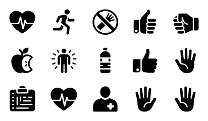 Heartbeat running apple bottle thumbs up fist person stop sign vector