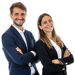 Smiling professional man and woman in suits with arms crossed isolated on transparent background