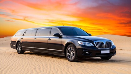 Luxurious black limousine in desert sunset