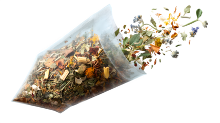Herbal tea blend spilling from bag, isolated on transparent background