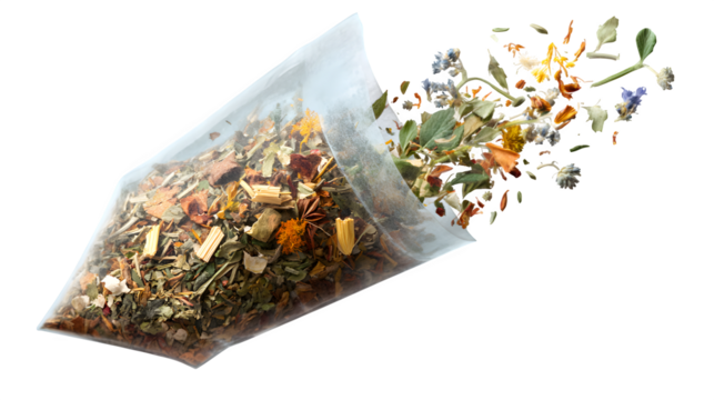 Herbal tea blend spilling from bag, isolated on transparent background
