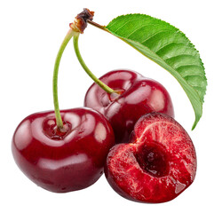 Sweet cherries with green leaf and half of pitted cherry isolated on white background. Cut out PNG...