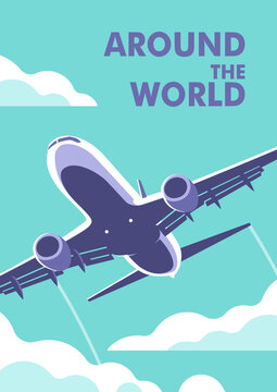 Airplane gaining altitude between clouds. Travel and vacation time. Vector illustration in a minimalistic style.